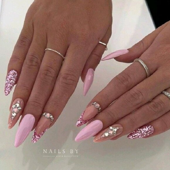 Other - Glam Pink Glitter Press-On Nails Handmade | Stiletto Rhinestone Pointy Set B8